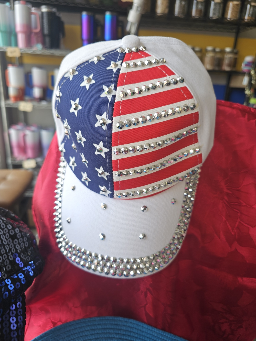Rhinestone American Flag Baseball Cap - White